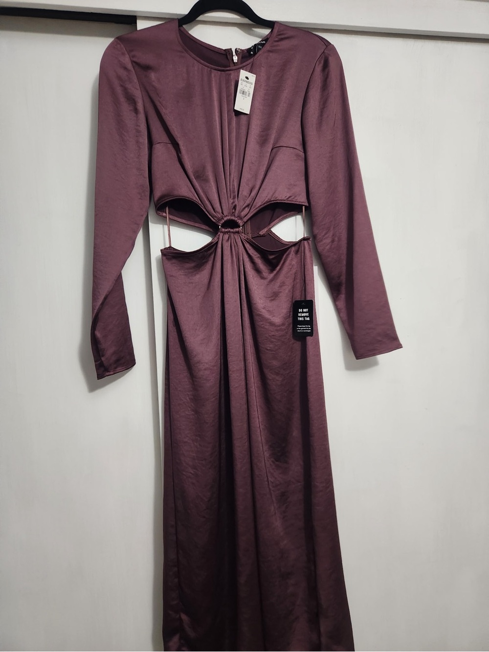 Express Satin Long Sleeve Cutout Maxi Dress in Plum
